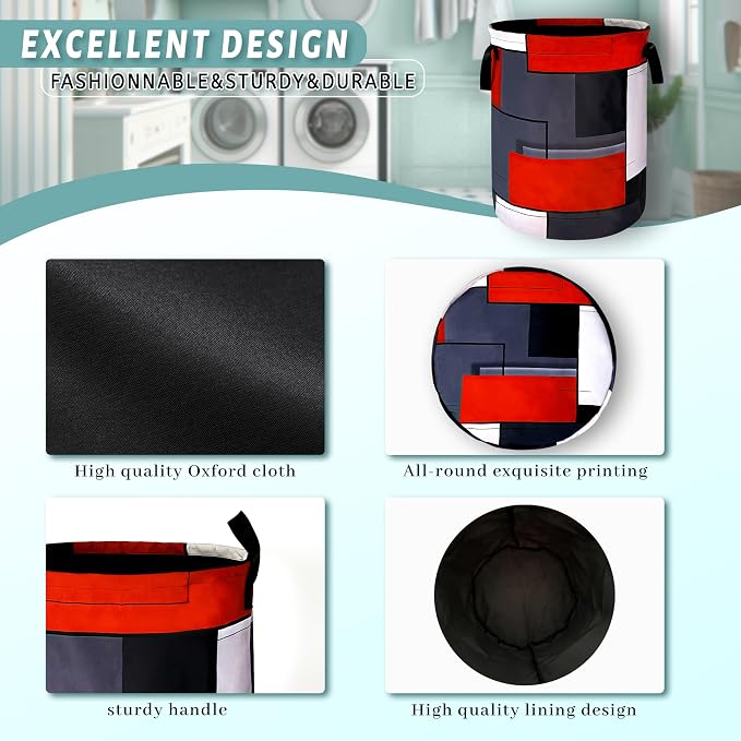 Red Grey Geometry Laundry Basket Foldable With Handles Universal Tote Bag Oxford Cloth Colorful Laundry Hamper Clothes Storage Bucket Toy Organizer 18.9"x16.5" For Bathroom/Laundry/Bedroom