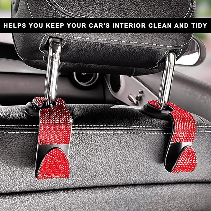 4 PCS Car Seat Headrest Hooks, Bling Crystal Rhinestone Back Seat Hanger Storage Organizer, Sparkly Seatback Holder Hooks for Purse and Bags Universal For Most Vehicles (Red)