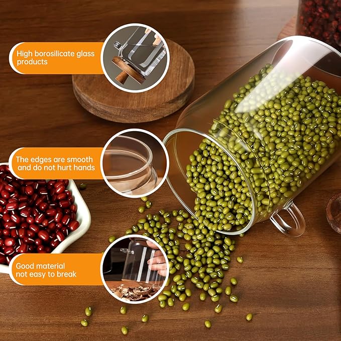 Glass Coffee Bean Storage Container, Wood Lid with Spoon, Airtight Silicone Seal, BPA-Free (700ML/23.67OZ)
