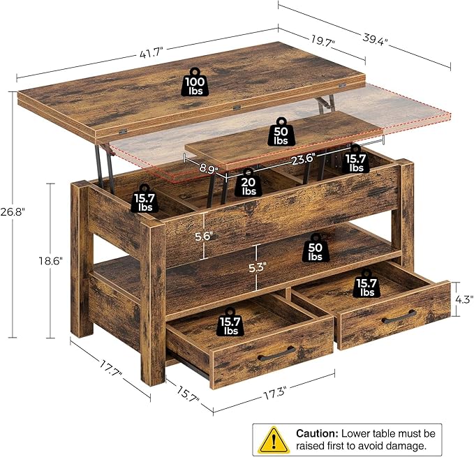 Rolanstar Coffee Table Lift Top, Multi-Function Convertible Coffee Table with Drawers and Hidden Compartment, Converts to Dining Table for Living Room, Home Office, Rustic Brown