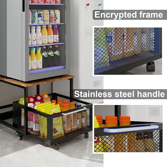 PUNCIA 19.7x19.7in Fridge Stand with Storage Mobile Beverage Refrigerator Stand for Coffee Bar Dorm Fridge Cart for Compact Refrigerator Mini Fridge Organizer with Drawer Basket for Home Office