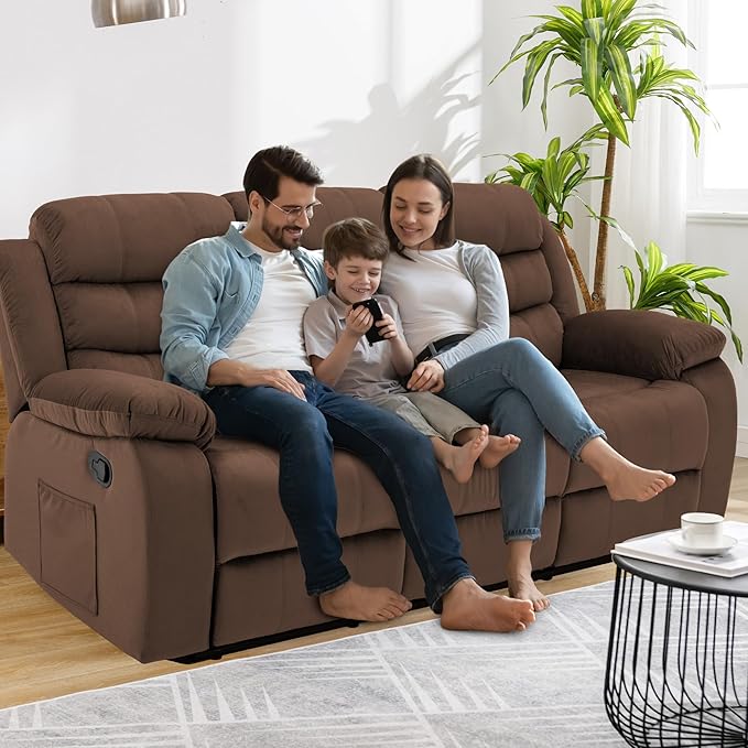 Reclining Sofa Set 3 Seater Couch Recliner, Velvet Wall Hugger Recliner Sofas for Living Room, RV, Home Theater Seating(Brown, 3 Seater Sofa)