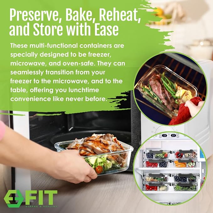 FIT Strong & Healthy Meal Prep Containers, 1 & 2 & 3 Compartments – Glass Bento Box Adult Lunch Box, Glass Containers Meal Prep with Lids, Container with Compartments, 35 oz, Black, 3 Pack