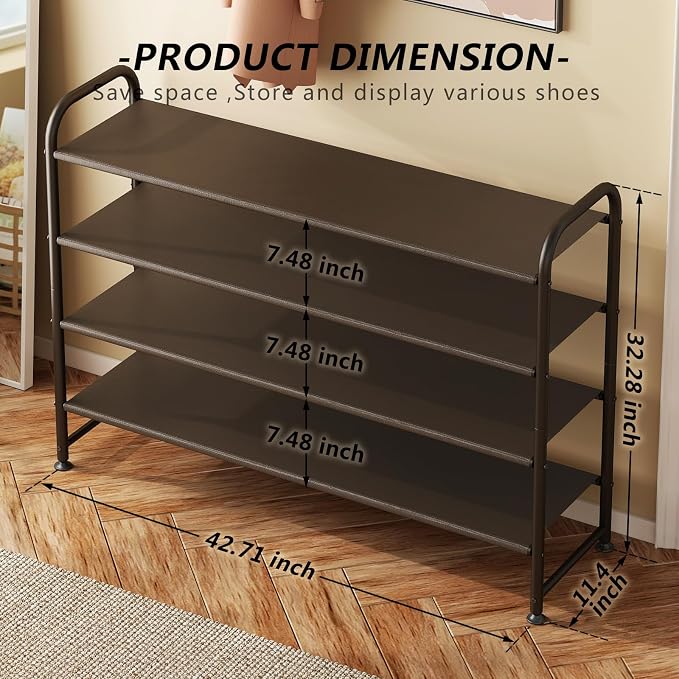 INGIORDAR Shoe Rack 4 Tier Long Storage Organizer Wide Metal Shoe Shelf for Closet Entryway Brown