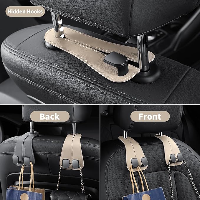 2 Pack KAFANLIN Car Headrest Hooks for Purses and Bags Cute Leather Car Seat Back Head Rest Double Hooks for Bags Cute Pink Beige Car Accessories Headrest Back Seat Handbags Hook (Beige 2 Pack)