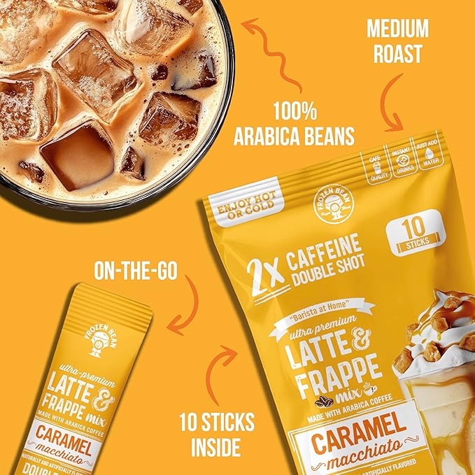 The Frozen Bean Caramel Macchiato Frappe & Latte Instant Mix (10 Sticks), Made with Arabica Coffee, Double Shot Caffeine, Low Sugar & Premium Ingredients, Hot, Iced, or Blended Drinks