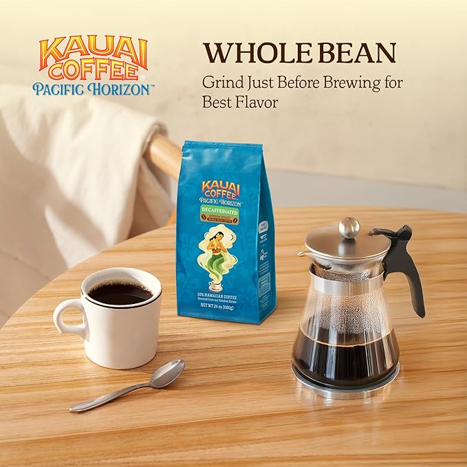 Kauai Coffee Whole Bean Coffee – Smooth, Non-Bitter Medium Roast Pure Arabica – Floral Notes and Bright Aroma – Grown on Hawaii's Largest Coffee Farm – Decaf, 1 Pack of 24oz