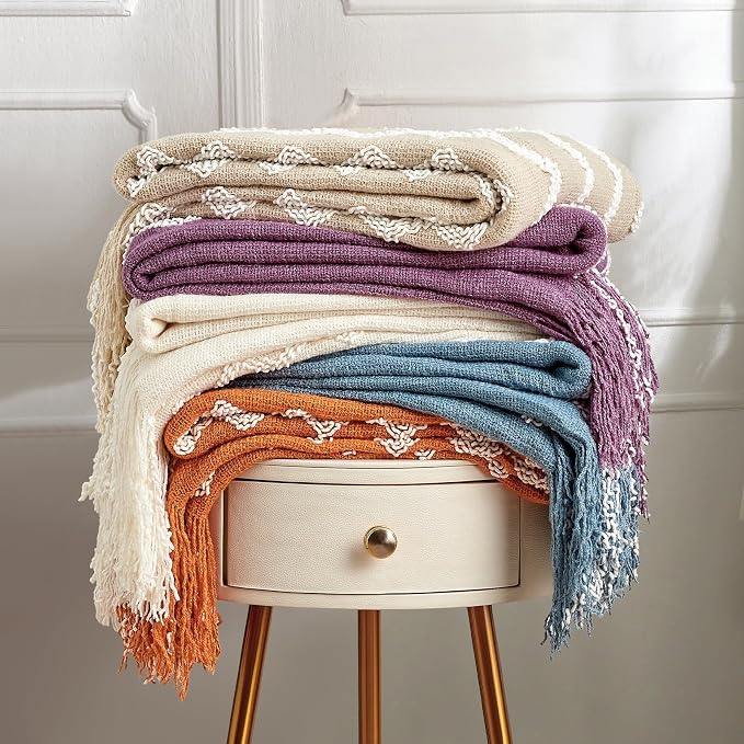 BOURINA Fluffy Chenille Knitted Fringe Throw Blanket Lightweight Soft Cozy for Bed Sofa Chair Throw Blankets, Coral Pink 50" x 60"