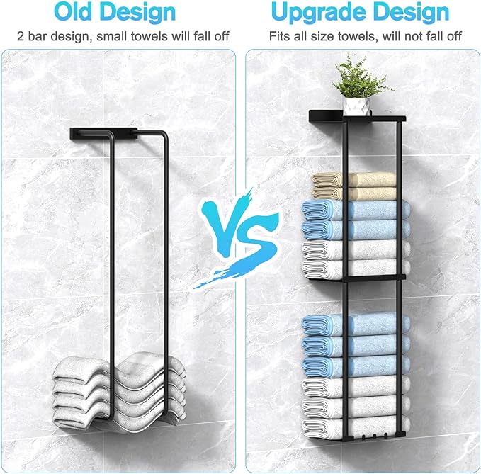 Liuoud Towel Rack for Bathroom, Wall Mounted Vertical Rolled Towel Storage Organizer Holder with Shelf, Holds Up 6 Large Bath Sheets, Black
