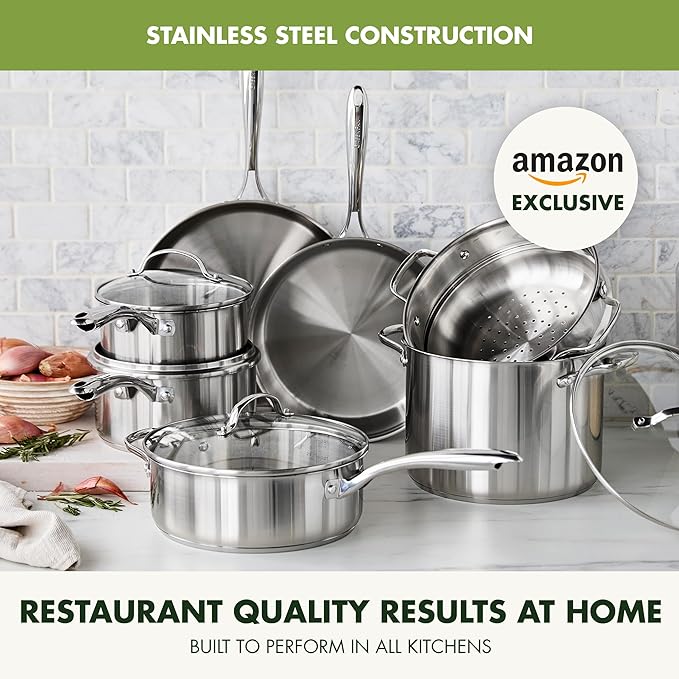 GreenPan Stainless Steel Cookware Set, 11 Piece, Induction Cookware, Dishwasher Safe, Oven Safe to 600F, Large 8QT Stock Pot, Sauce, Saute, Frying Pans, Pots & Pans Kitchen Essentials, Silver