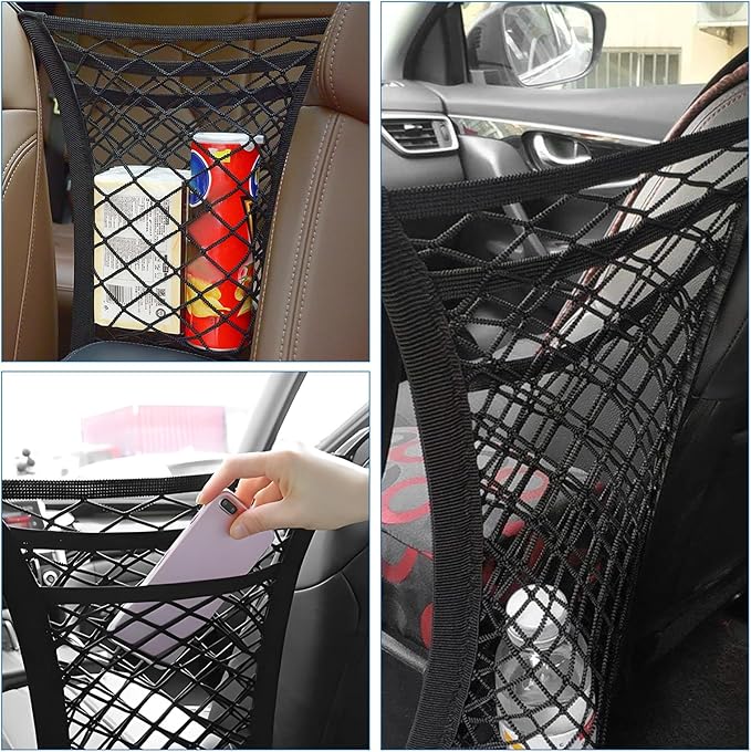 3-Layer Car Mesh Organizer, Stretchable Storage Netting Pouch Seat Back Cargo Net Bag, Universal Tissue Handbag Purse Holder Barrier of Backseat Pet Between Front Seats