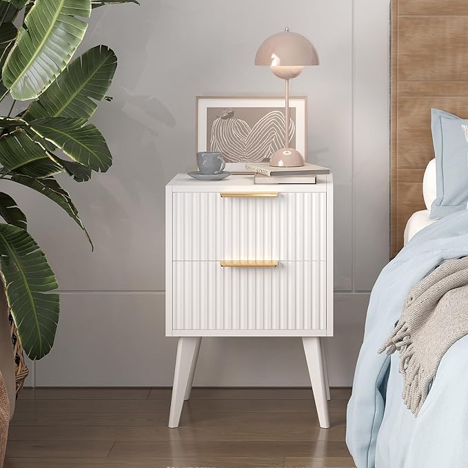 Fluted Nightstand with 2 Drawers,Modern Bedside Table with Metal Handles,Side Table with Solid Wood Legs,End Table for Living Room,Bedroom,Small Spcae 11.8" D x 16" W x 22.4" H White CTG55W
