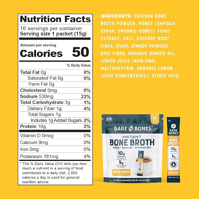 Bare Bones Lemon Ginger Bone Broth Instant Powdered Mix Packets | 5g Collagen | 10g Protein | Keto & Paleo Friendly | No Artificial Flavors | Rich Savory on-the-go 16 Pack