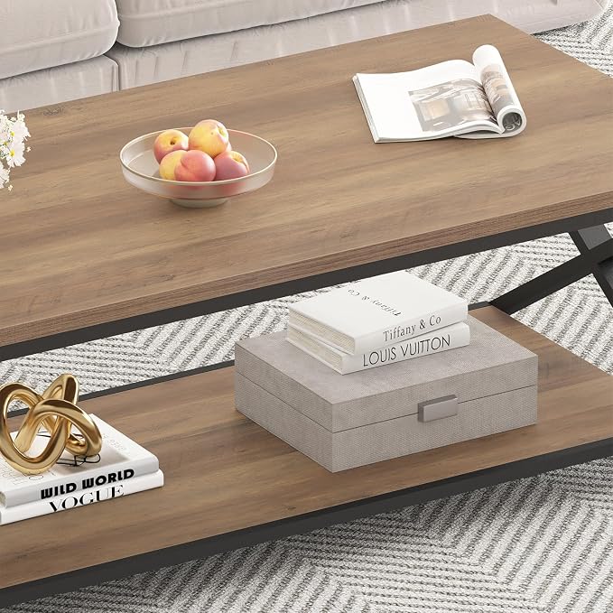HSH Rustic Farmhouse Coffee Table, Modern Minimalist Wood and Metal Living Room Table, 2 Tie Rectangle Center Table with Storage & Display Shelf, Simple Office Cocktail Tea Table, Rustic Oak, 39 Inch