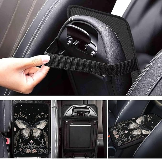 Flower Moth Automotive Center Console Cover Universal Car Armrest Cover Auto Center Console Cushion Protector Floral Moth Car Interior Accessories Decor, Black