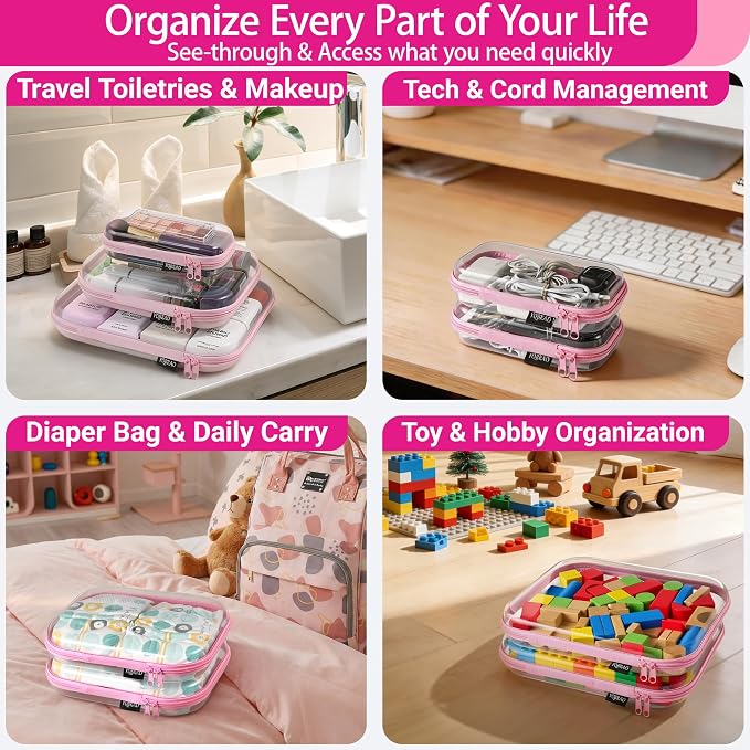YQBRAO 4-Pack Clear Hard Shell Zipper Case, 1.2mm Ultra-Thick Diaper Bag Organizer Pouches, Rigid Self-Standing Travel Makeup Bags with YKK Zippers, TSA Approved, Pink