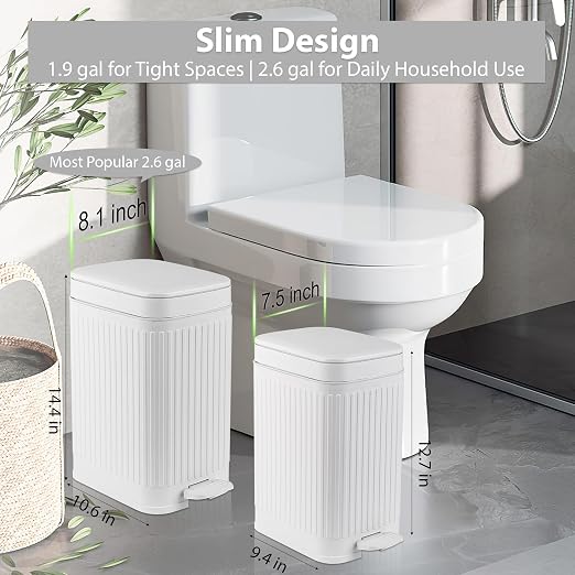 rejomiik Small Bathroom Trash Can with Lid Slim Soft Close Garbage Can Step Wastebasket Container Trash Bin for Office Bedroom Kitchen Living Room (2.6 Gallon White)