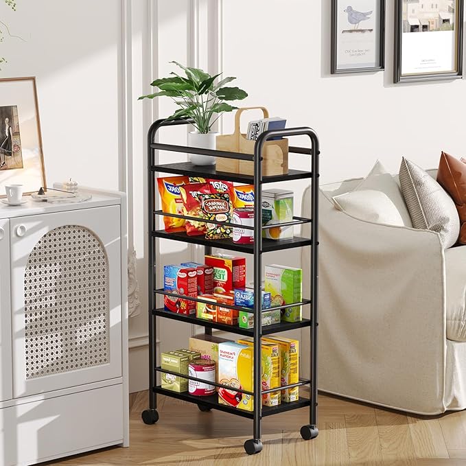 Slim Storage Cart, 4-Tier Small Rolling Cart with Wheels, 9.1" Deep, Narrow Bathroom Shelf Trolley for Kitchen, Bathroom, Laundry Room, Black Large 4-Tier (9.1" W x 33.6" H)