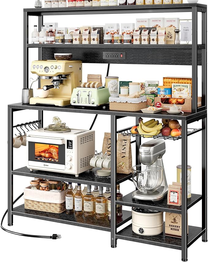 SUPERJARE Bakers Rack with Power Outlet, 47.2 Inches Coffee Bar with Wire Basket, Kitchen Microwave Stand with 6 S-Shaped Hooks, Open Storage Shelves, Black