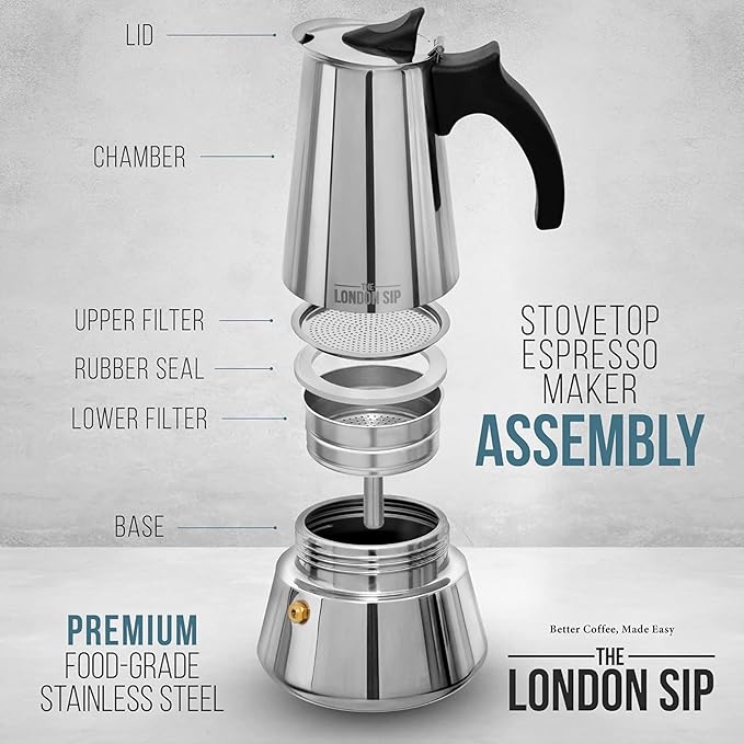 London Sip Stainless Steel Stovetop Espresso Maker Moka Pot Italian Coffee Percolator, Matte Black, 10 Cup