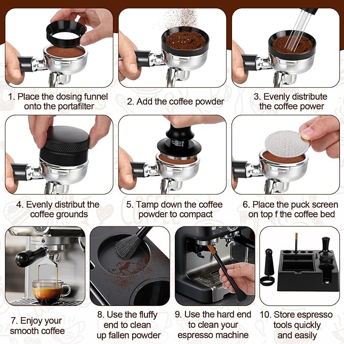 7pcs Espresso Accessories Kit 51/58/53mm Tamping Station Machine Accessories Spring Loaded Calibrated Tamper Wdt Espresso Tool and Dosing Funnel Set Distributor and Tamper Leveler(51mm)