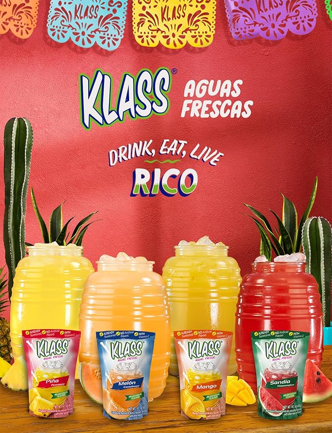 Klass Aguas Frescas Drink Mix Tropical Variety Pack - Watermelon, Cantaloupe, Mango & Pineapple - Powder Drink Mix, Water Drink Mix with Natural Flavors & Vitamin C, Makes 28 to 36 Quarts (56 to 72 Drinks)