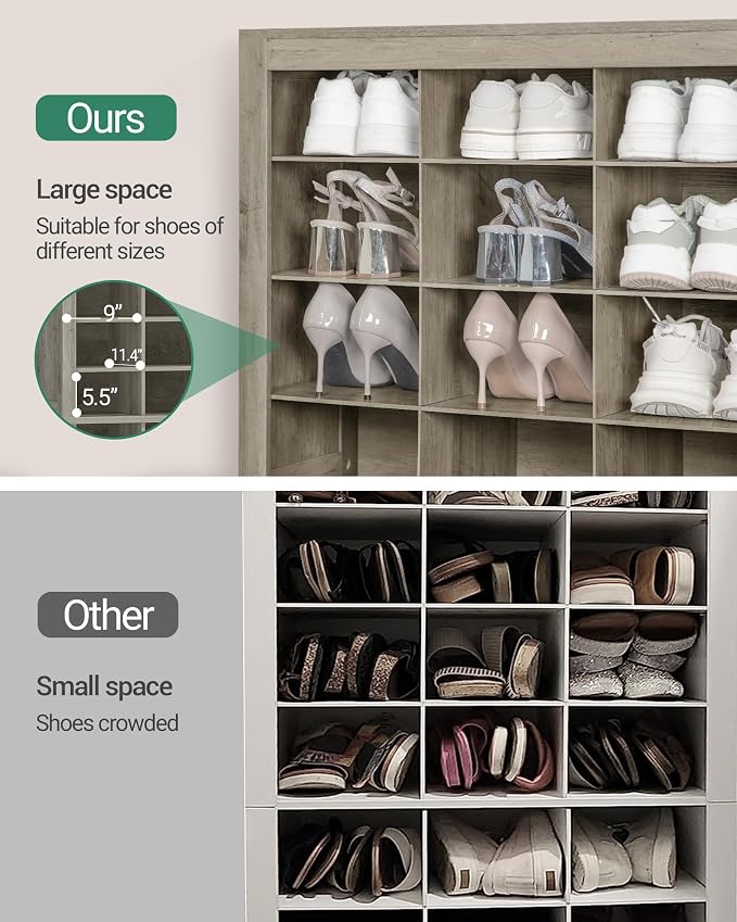 Hzuaneri Shoe Storage Cabinet, 36 Pairs Free Standing Closet Organizer, 8.8 inch Widened Cell Wood Shoe Organizer, 12 Tiers Vertical Space Saving Shoe Rack for Entryway, Cloakroom, Greige SR20705B