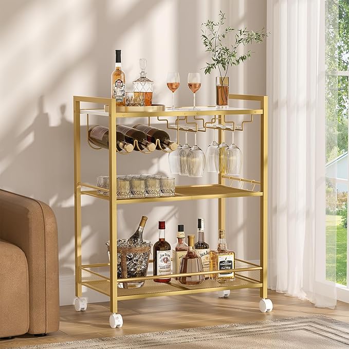 Bar Cart, Home Bar Serving Cart with 3-Tier Shelf,Microwave Cart with Lockable Wheels,Mobile Kitchen Shelf,Rolling Beverage Cart with Wine Rack and Glass Holder for Kitchen,Dinning Room,Gold