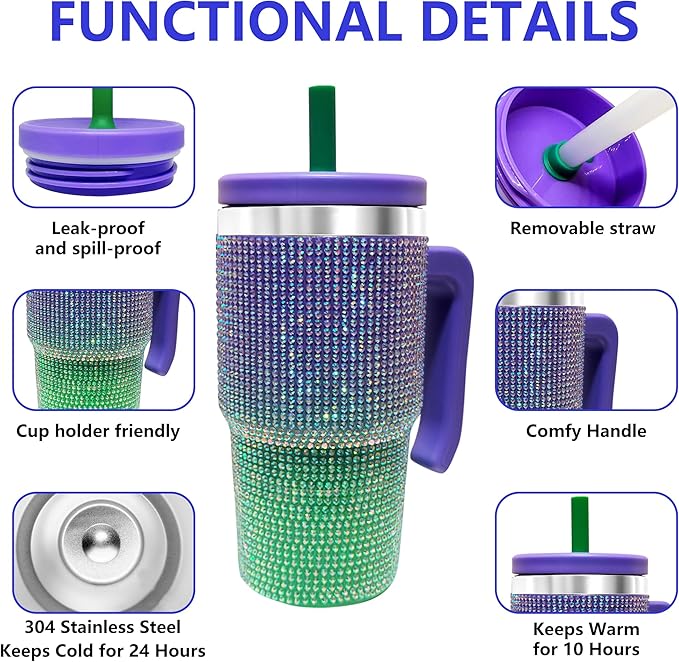 20-OZ Insulated Water Bottle,Insulated Stainless Steel Tumbler,Reusable Cold Drink Thermos,BPA-Free, Double-Wall Stainless Steel Water Bottle (Purple Green Gradient-Diamond, 20, Fluid Ounces)