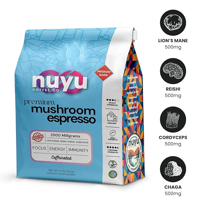 Nuyu Premium Mushroom Coffee, 12 oz, Fine Espresso Ground 100% Arabica, 2000mg Functional Mushrooms, Lion's Mane, Reishi, Chaga, Cordyceps for Cognition, Energy and Wellness (12oz, Espresso Roast)
