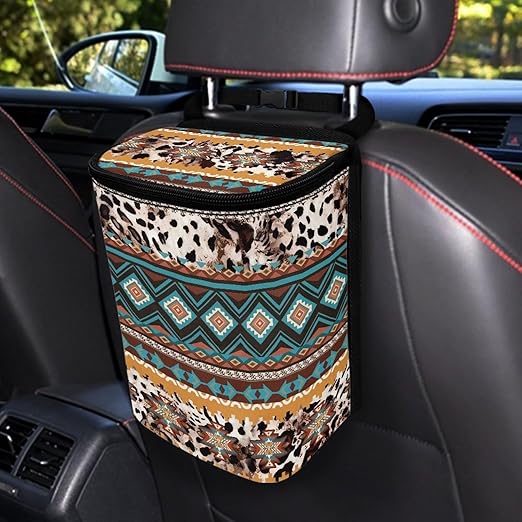 Southwestern Tribal Aztec Cowhide Hanging Trash Can for Car,Leak Proof Multipurpose Trash Bin Can with Lid,Universal Fit Most Vehicle