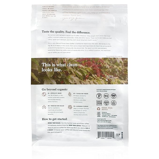 Natural Force - Organic Clean Coffee Classic, Mold & Mycotoxin Free, Lab Tested for Toxins & Purity, Low Acidity, Incredible Taste & Aroma, Whole Bean Medium Roast, 12 oz