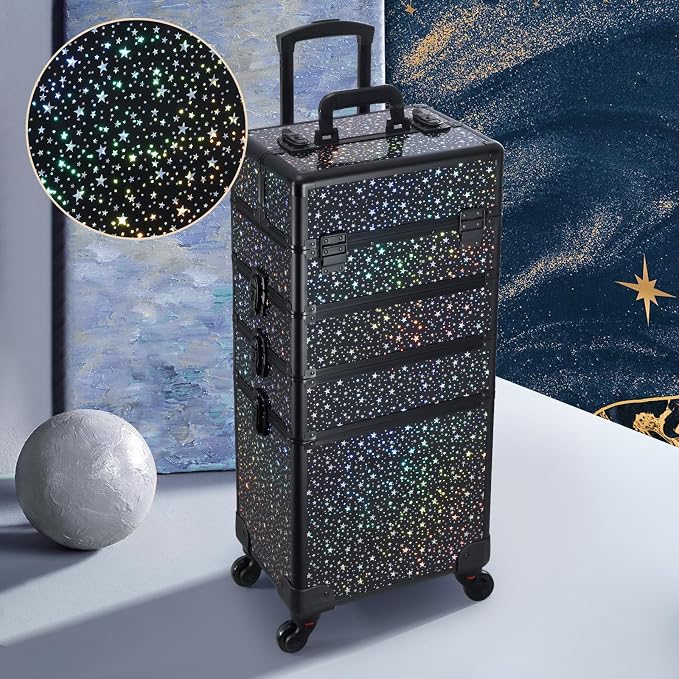 Stagiant Rolling Makeup Case Cosmetology Case on Wheels 4 in 1 Large Makeup Travel Case Nail Kits Organizer Train Case with Key Make Up Artist Salon Storage Traveling Cart Trunk Black Star