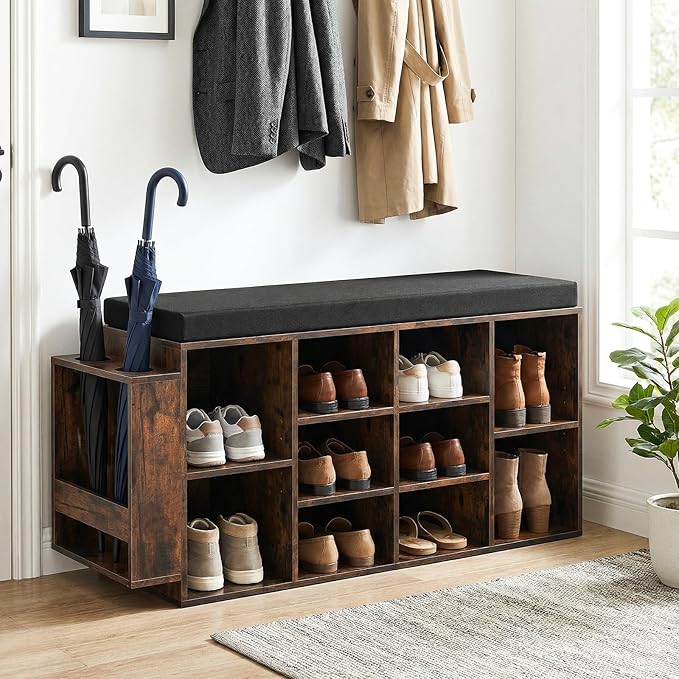 Tangkula Shoe Storage Bench with Umbrella Holder, 40" Shoe Organizer with Cushioned Seat, 10 Cubbies & Adjustable Shelves, Wooden Industrial Shoe Rack for Entryway, Living Room, Bedroom (Rustic Brown)