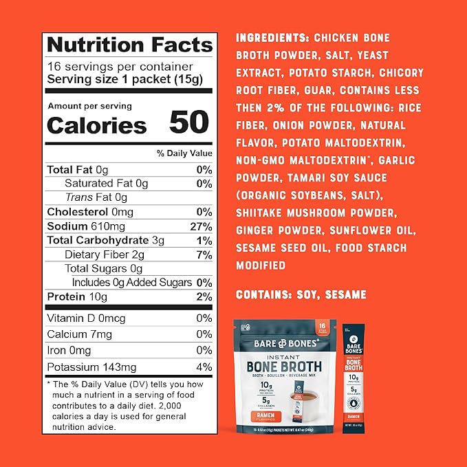 Bare Bones Ramen Bone Broth Instant Powdered Mix Packets | 5g Collagen | 10g Protein | Keto & Paleo Friendly | No Artificial Flavors | Non-GMO, Gluten-Free, Dairy-Free Rich Savory on-the-go 16 Pack