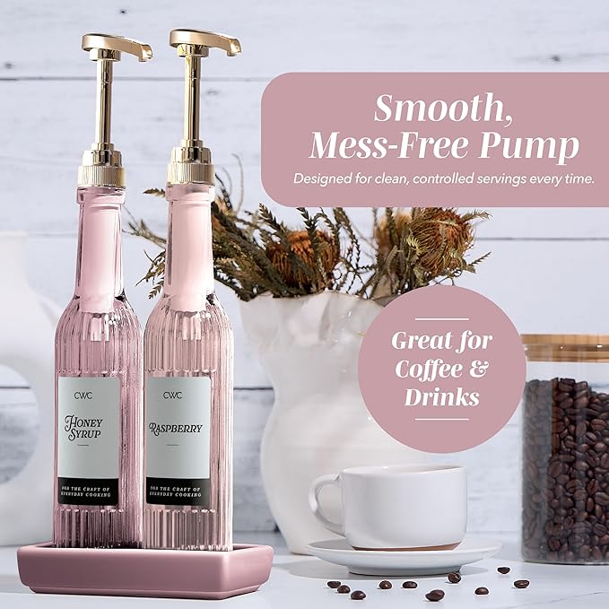 COOK WITH COLOR Glass Coffee Syrup Dispenser with Pump- Set of 2 Syrup Bottles for Coffee Bar, Decorative 350 ML Bottle with Ceramic Holder, Funnel, Labels and Extra Pumps, Textured Pink