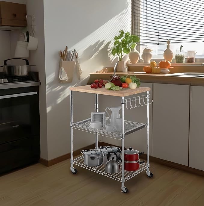 Finnhomy 3-Tier Rolling Kitchen Cart, Microwave Cart with Oak Wood Tabletop and Drawer Slider, Coffee Cart & Food Service Cart with Hooks, Chrome