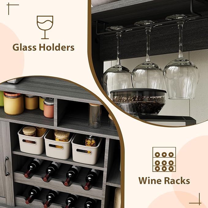47 in Farmhouse Coffee Bar Cabinet with Charging Station & Wine Racks, Rustic Wood Kitchen Buffet Cabinet, Wine Bar Table for Dining Room Living Room, Grey