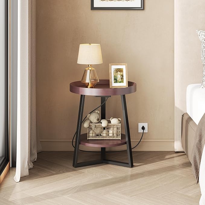 WLIVE Round End Table with Charging Station, Small Round Coffee Table, 2 Tier Side Table for Living Room/Bedroom, Sofa Couch, Wood Tabletop & Metal Frame, Brown