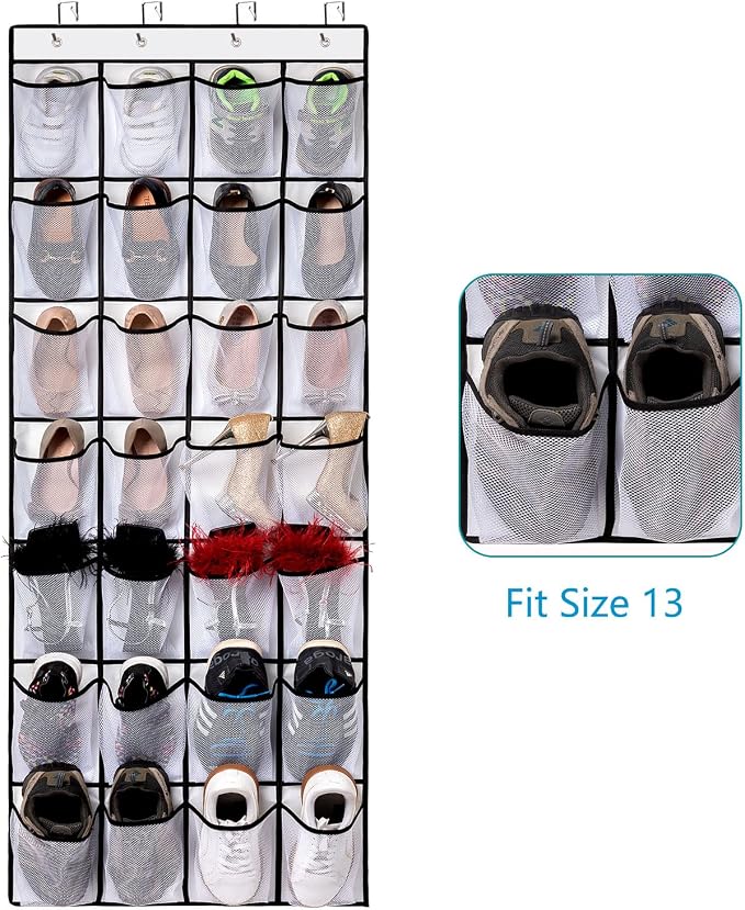 REGELETO 2 Pack 28 Pocket Over the Door Shoe Organizer, Hanging Shoe Rack for Door Large Capacity Shoe Organizer Holder with 4 Metal Hooks (White-2Pack)