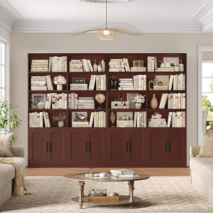 FACBOTALL Bookshelf and Bookcase with Doors, 6 Tier Double Wide Large Bookshelves, Open Display Shelves, 73'' Tall Bookshelf with Storage Cabinets for Home Office, Living Room, Library, Cherry