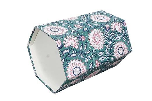 3.3 Gallon Cotton Hand Block Printed Paper Waste Basket |Small Decorative Trash Can for Housewarming Gifts in Living Room, Bedroom, Bathroom | Eco-Friendly, Plastic-Free (1, Green Pink FLOWAR)
