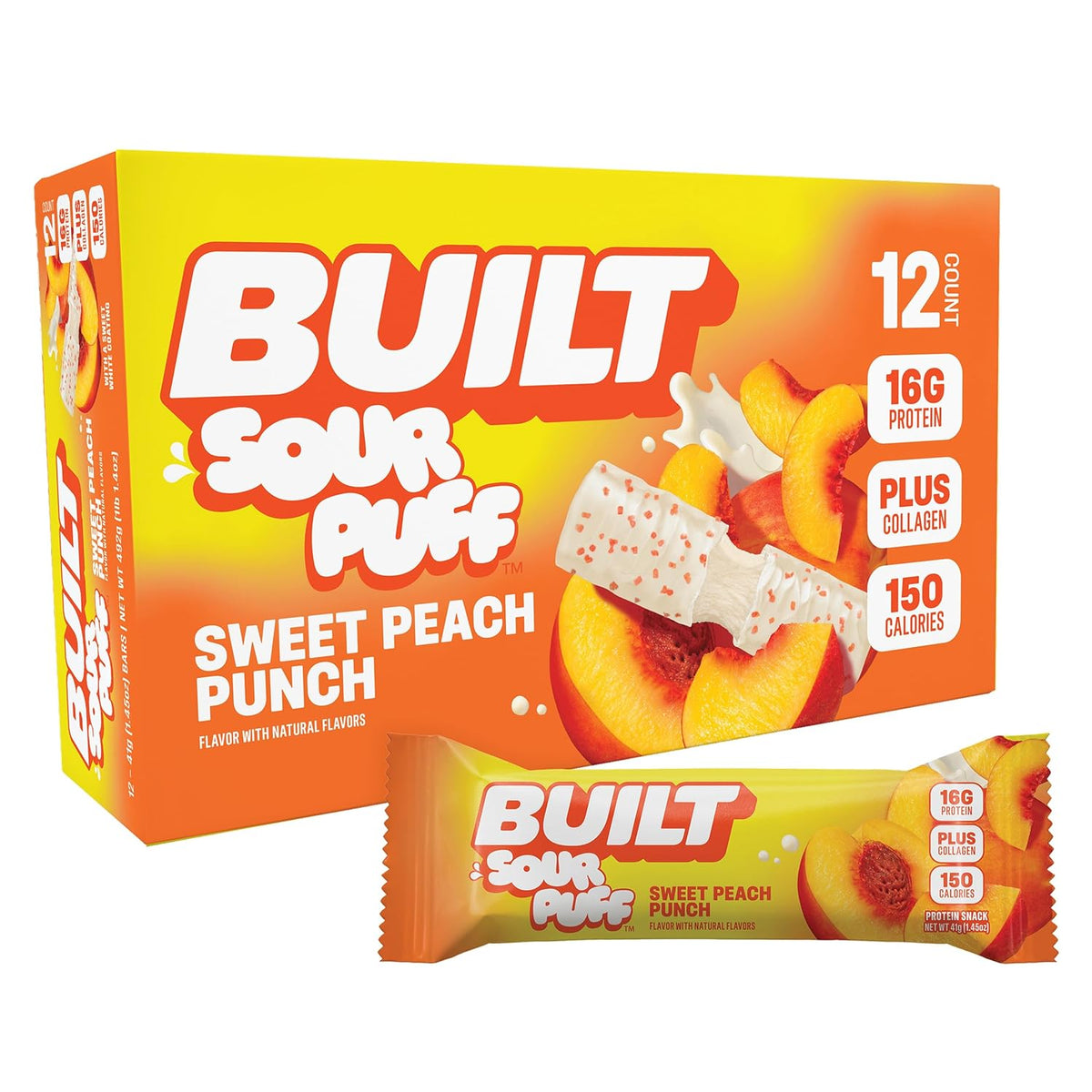BUILT Bar Sour Puff Protein Bars - Sweet Peach Punch - 16g Protein Snack Bars with Collagen - Calorie Conscious & Gluten Free - 12 Count