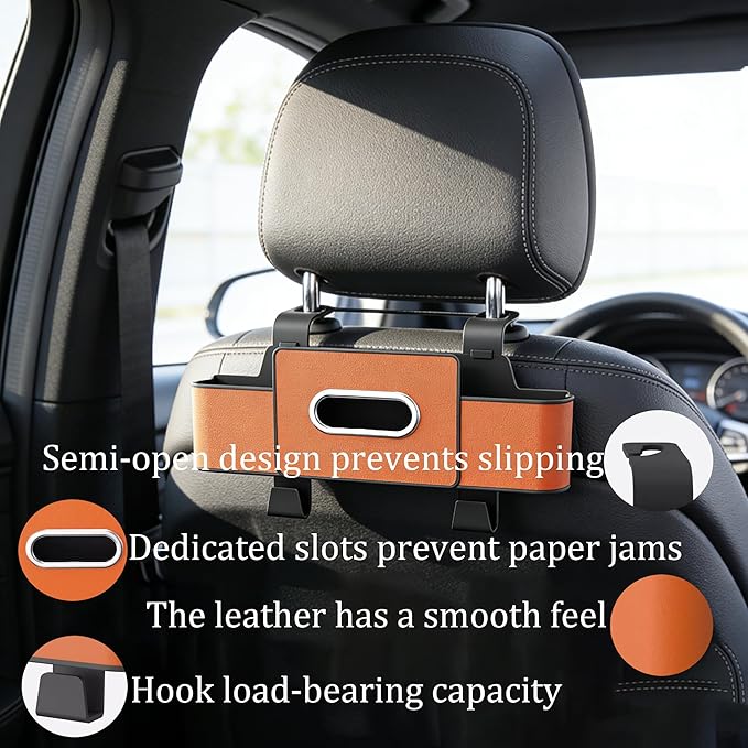 Car Organizers and Storage Box, Multifunctional Car Seat Back Storage Box with Tissue and Hook for Hold Phone Water Cup Handbag, Fits Most Vehicles (Black,2PCS)
