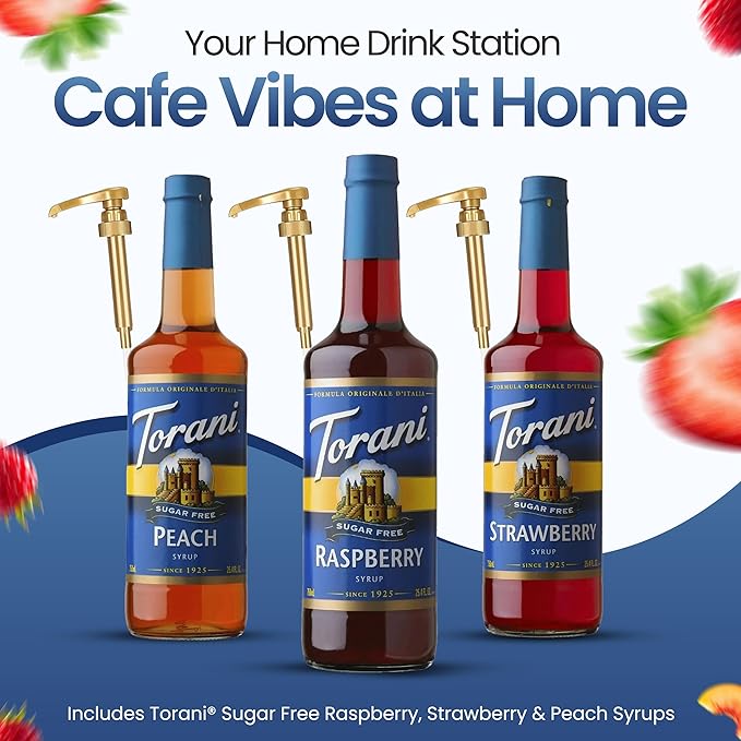 Jimoco Barista Set – Torani Sugar Free Peach, Raspberry & Strawberry Syrups (25.4 oz Each) with 3 Jimoco Syrup Pumps, Reusable Cups, Straws & Stirrers – Coffee, Italian Soda & Cocktail Flavoring Kit