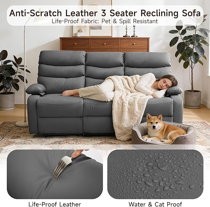 3 Seater Recliner Sofa Set, Anti-Scratch Reclining Loveseat Sofa & Couch for Living Room, RV, Home Theater Apartment(Grey, 3 Seater Sofa)