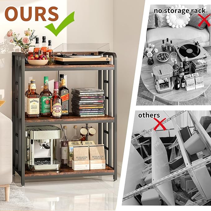 Bakers Rack with Power Outlet,Adjustable Microwave Stand with Storage,3-Tier Kitchen Shelves,Microwave cart Suitable for Kitchen,Dinning Room,Coffee Bar,Living Room,Rustic Brown