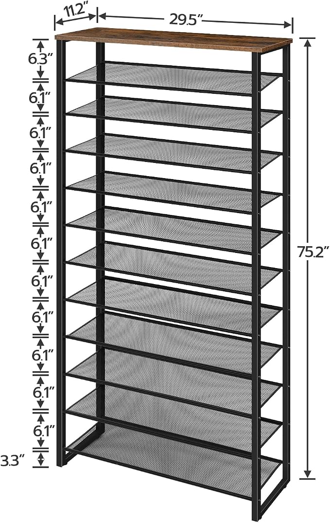 HOOBRO 12-Tier Shoe Rack for Entryway, 29.5" L Shoe Storage Organizer, Large Capacity Shoe Shelf for Closet, Front Door Entrance, Hallway, Holds 36-48 Pairs of Shoes, Rustic Brown and Black BF127XJ01