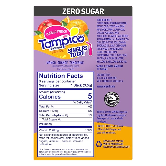 SINGLES TO GO! Tampico Variety, Singles To Go Powdered Drink Mix, 3 Boxes of Mango Punch and Citrus Punch, Excellent Source of Vitamin D and Zero Sugar (Pack of 6)
