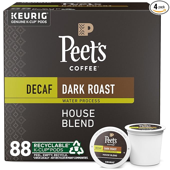 Peet's Coffee, Dark Roast Decaf Keurig K-Cup Pods, Decaffeinated Arabica Coffee - Decaf House Blend 88 Count (4 Boxes of 22 K-Cup Pods)